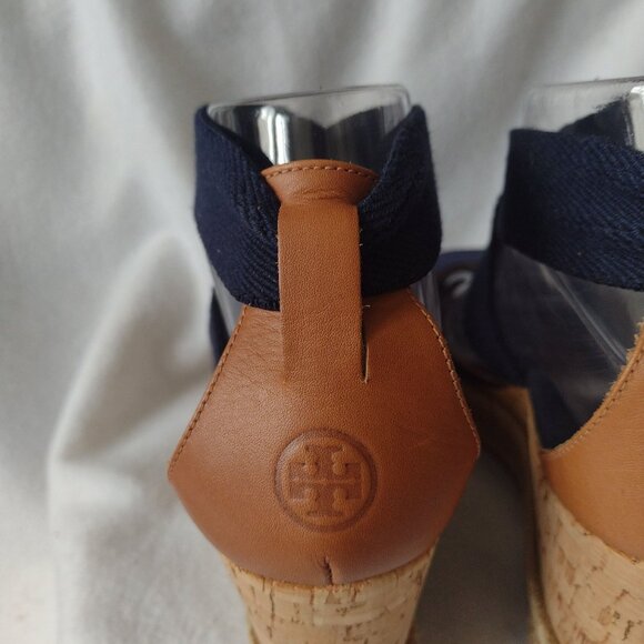 Tory Burch Natanya Wedge Espadrilles 9 Navy Blue Sandals w Elastic Ankle Straps - Picture 6 of 10